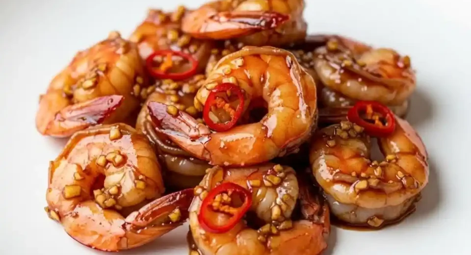 Tender prawns cooked in a spicy, garlicky sauce with soy sauce and chili, creating a quick, flavorful dish