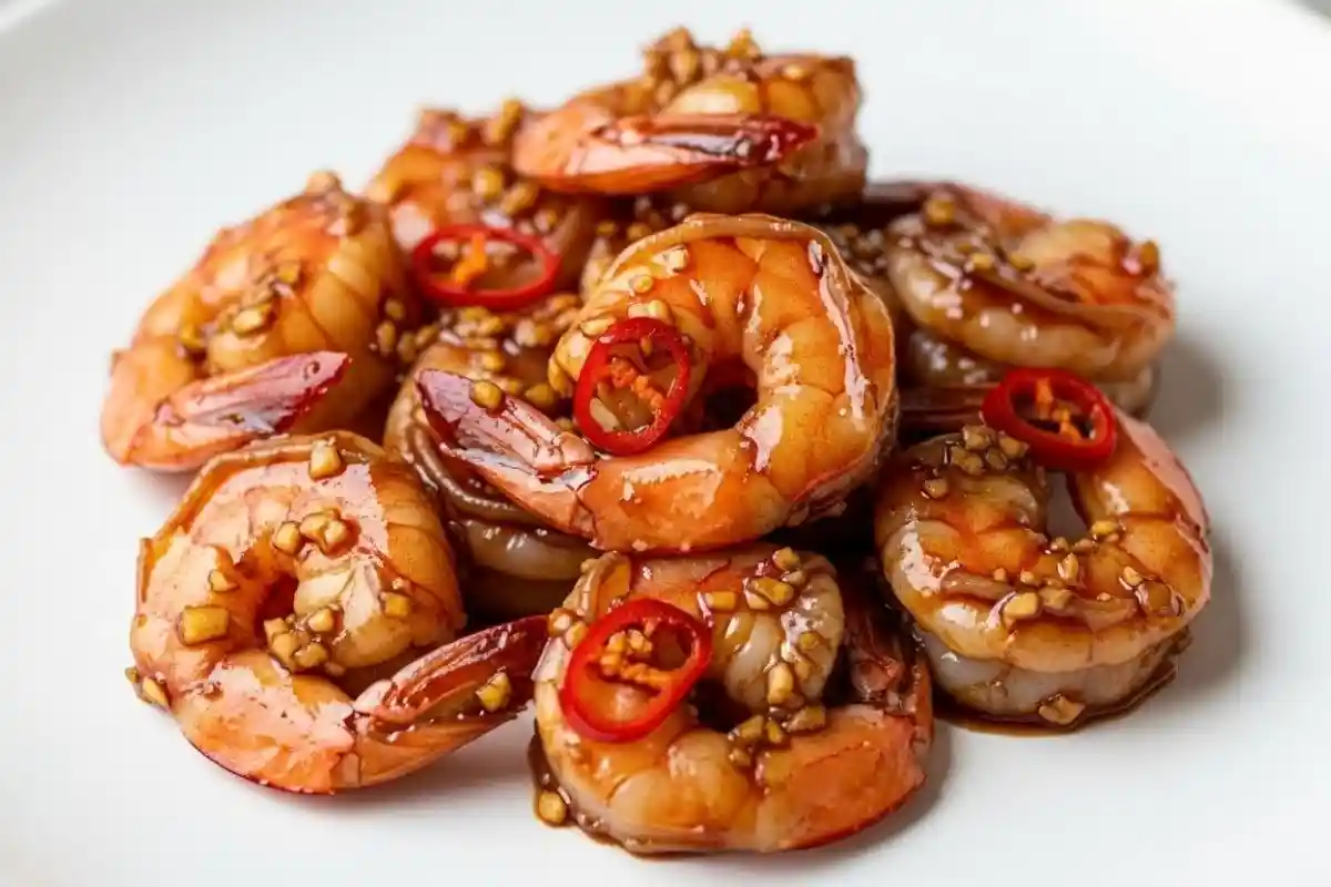 Tender prawns cooked in a spicy, garlicky sauce with soy sauce and chili, creating a quick, flavorful dish