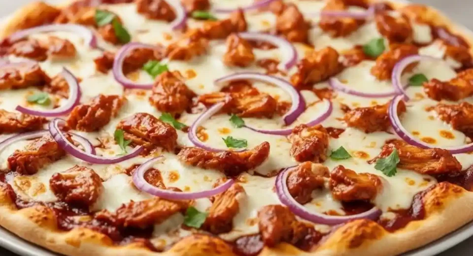 A sweet‑tangy smoky pizza topped with BBQ‑sauced chicken, melty cheese, and red onion on a crisp crust.
