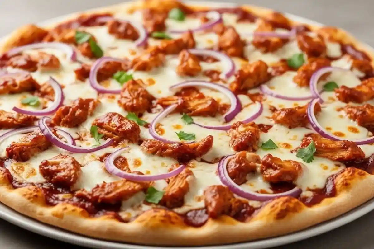 A sweet‑tangy smoky pizza topped with BBQ‑sauced chicken, melty cheese, and red onion on a crisp crust.