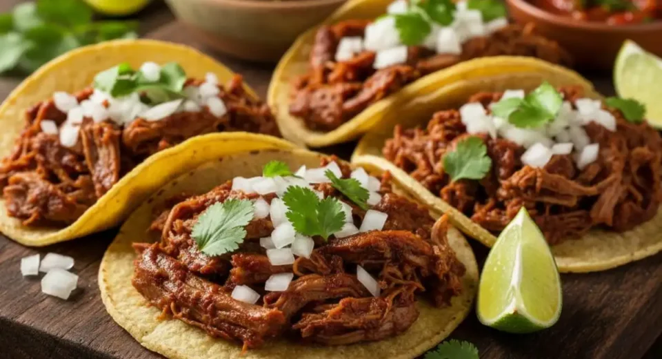 Slow-cooked young goat, seasoned with chiles, garlic, and herbs, cooked until tender and shredded for classic Mexican barbacoa-style tacos.