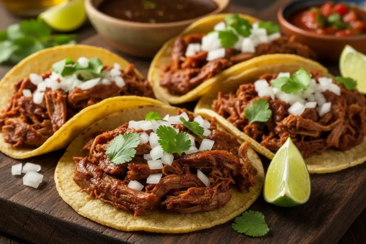 Slow-cooked young goat, seasoned with chiles, garlic, and herbs, cooked until tender and shredded for classic Mexican barbacoa-style tacos.
