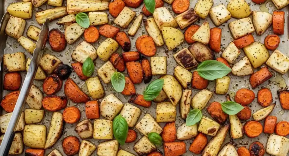 Parsnips rutabaga carrots roasted basil crisp golden.