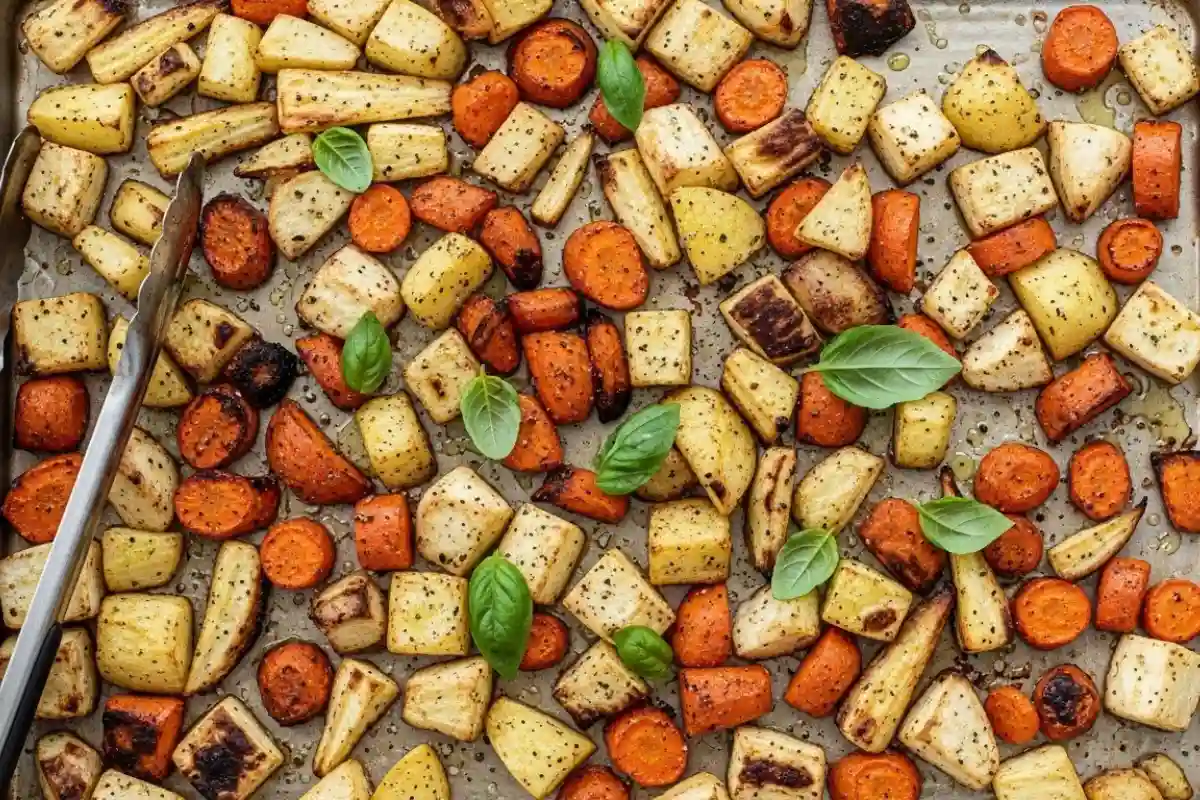 Parsnips rutabaga carrots roasted basil crisp golden.
