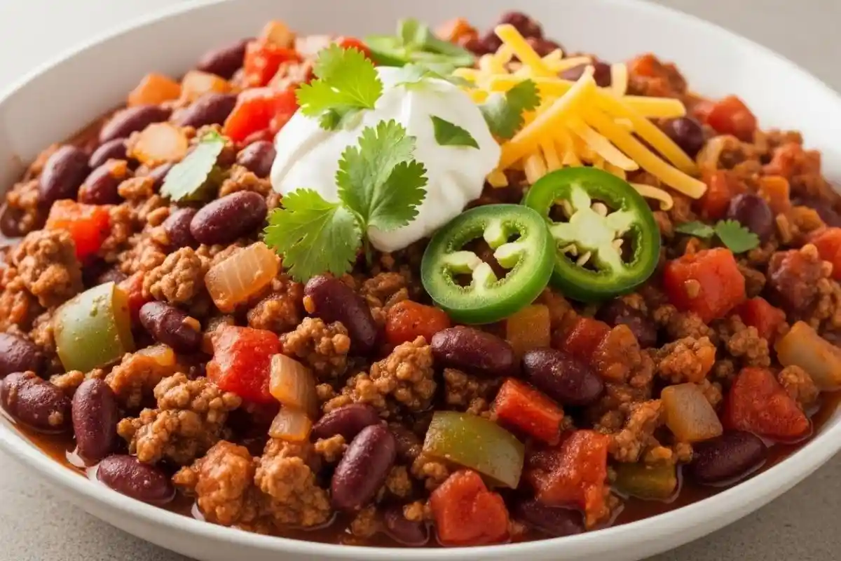 A savory, spicy beef chili made with ground beef, beans, tomatoes, and a blend of Southwestern spices.