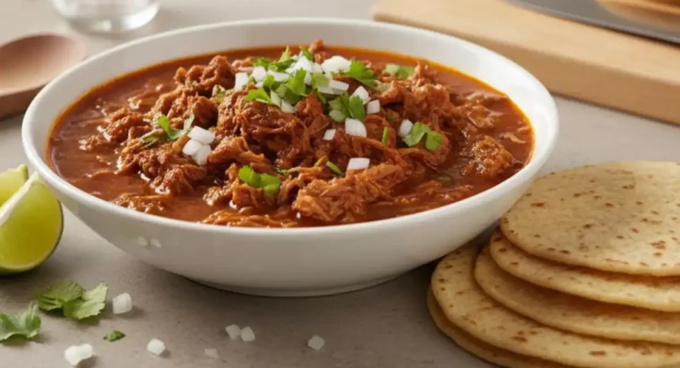 Slow-braised goat in a rich red chile adobo, served with its own consomé for classic Mexican birria tacos