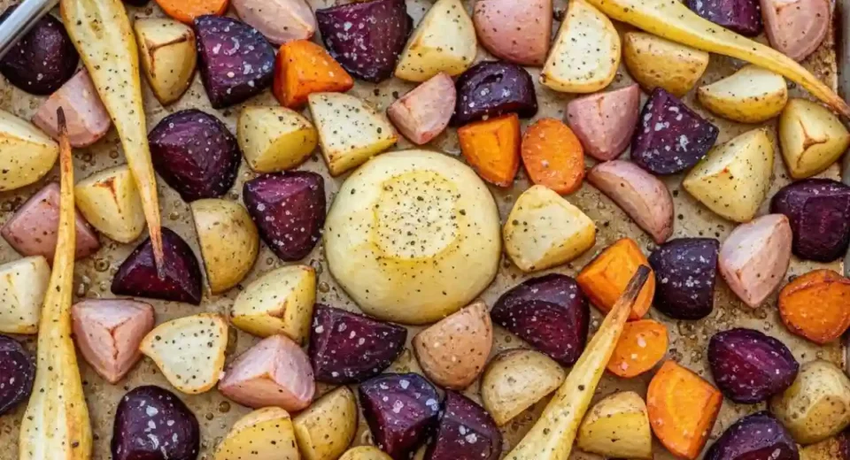 Beets potatoes parsnips turnips rutabaga roasted broth tender.