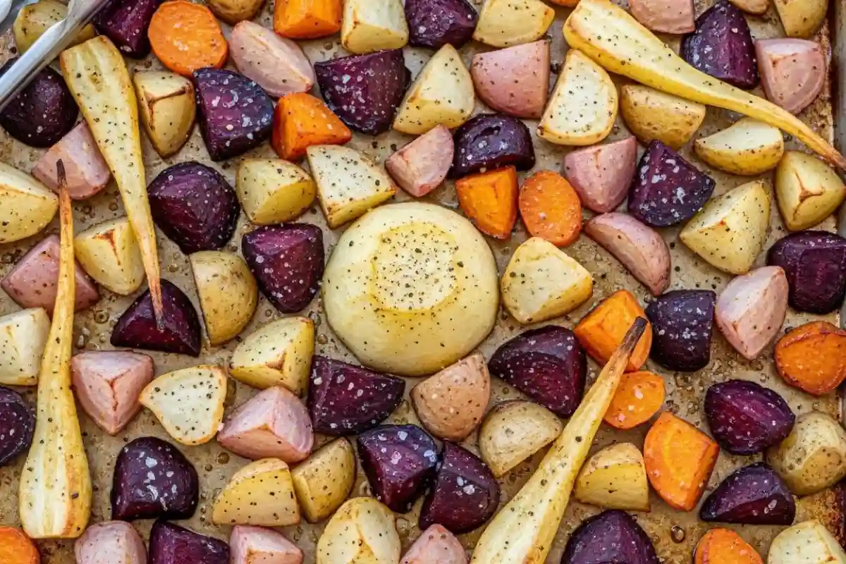 Beets potatoes parsnips turnips rutabaga roasted broth tender.