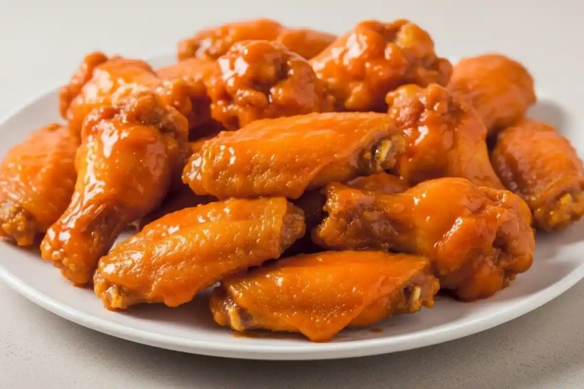 Crispy fried chicken wings coated in spicy buttery Buffalo sauce