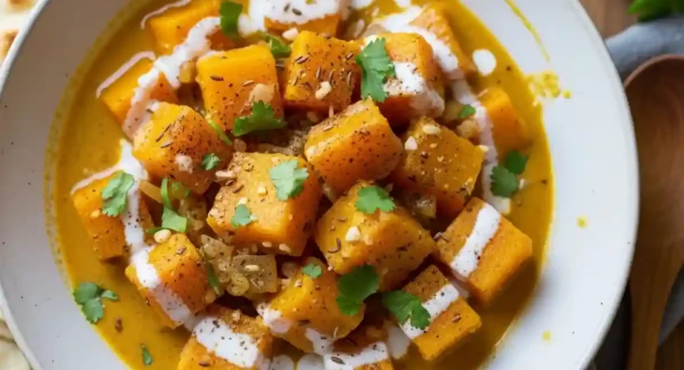 Creamy Butternut Squash Coconut Curry is a comforting American-style main dish where butternut squash simmers with onions, garlic, curry spices, broth, and coconut milk