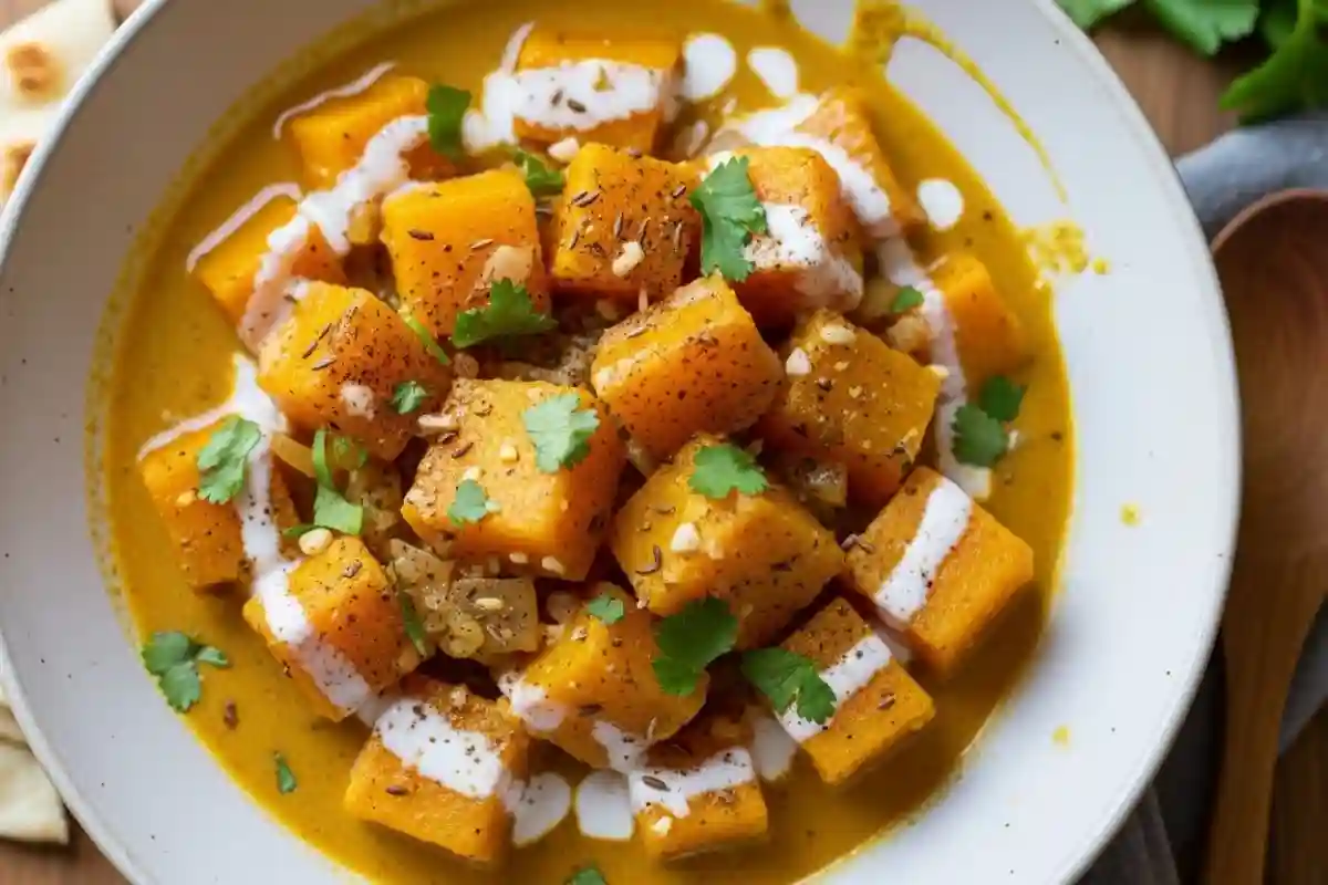 Creamy Butternut Squash Coconut Curry is a comforting American-style main dish where butternut squash simmers with onions, garlic, curry spices, broth, and coconut milk