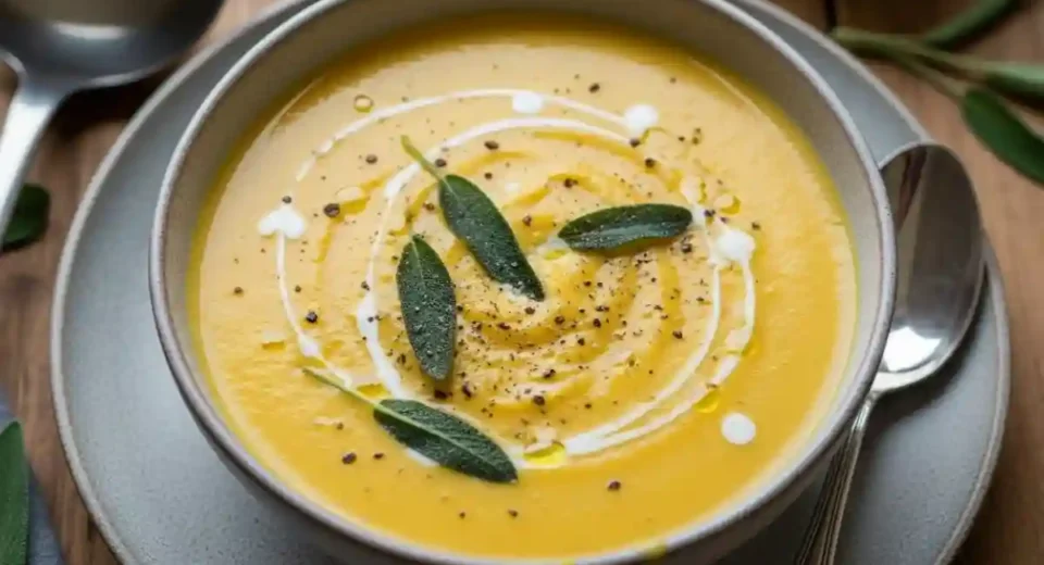 Creamy Butternut Squash Soup with Sage is a smooth American-style soup where butternut squash simmers with onion, garlic, broth, and sage, then gets blended and finished with cream
