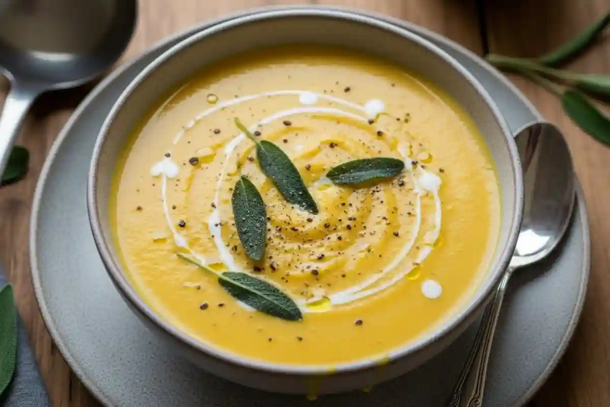 Creamy Butternut Squash Soup with Sage is a smooth American-style soup where butternut squash simmers with onion, garlic, broth, and sage, then gets blended and finished with cream