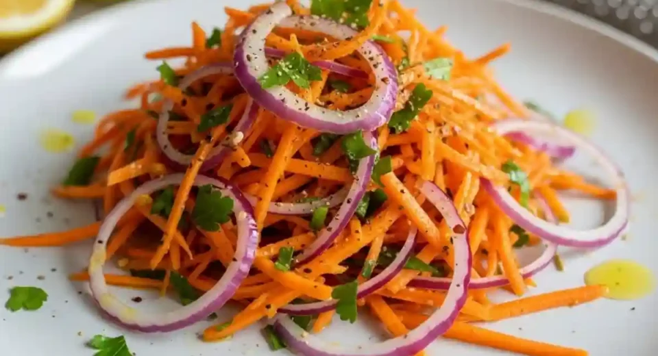 Shredded carrots with pickled red onions lemon cumin.