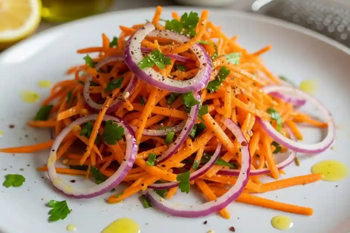 Shredded carrots with pickled red onions lemon cumin.