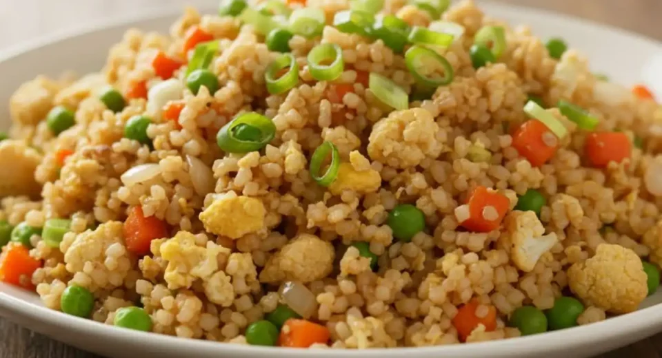 Riced cauliflower wok-tossed with eggs veggies soy for Asian fried rice fakeout.