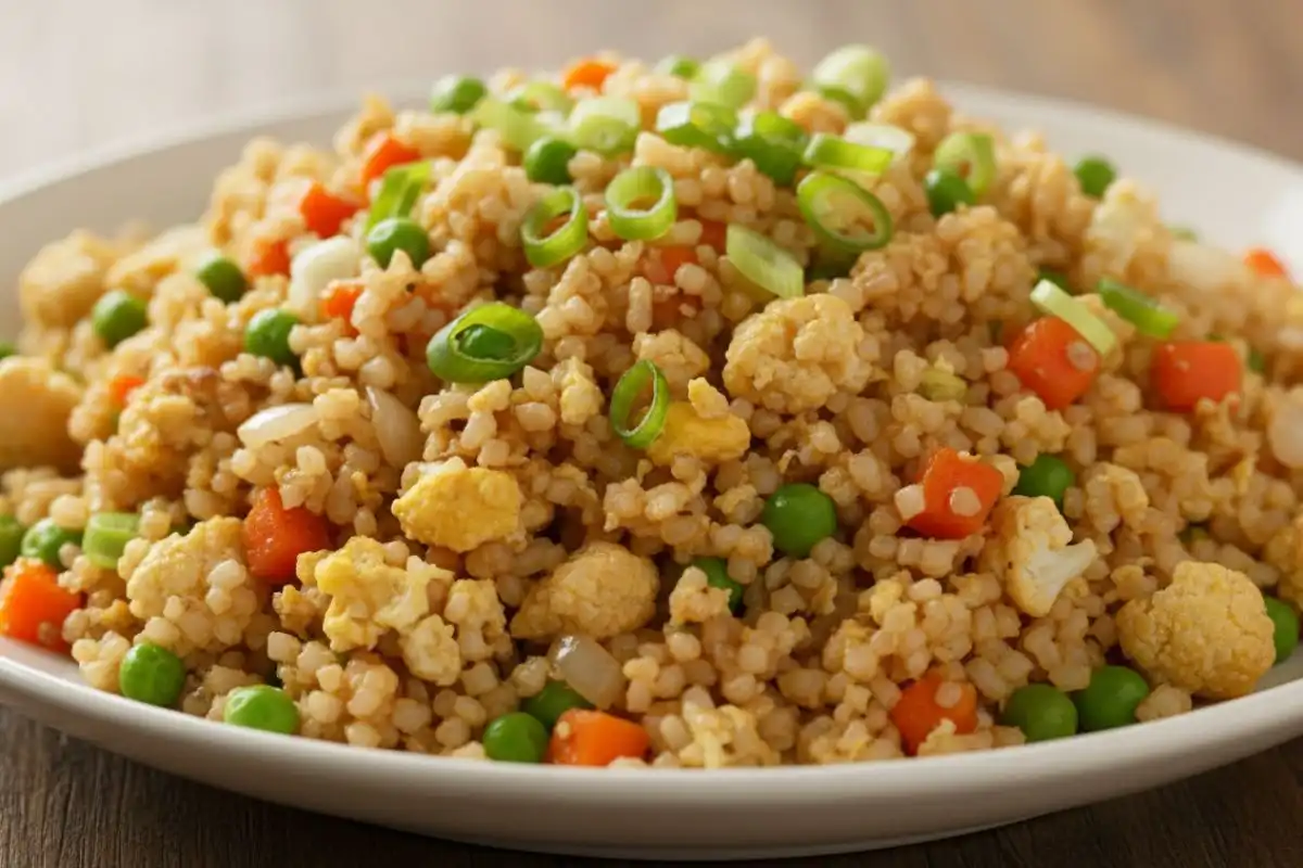 Riced cauliflower wok-tossed with eggs veggies soy for Asian fried rice fakeout.