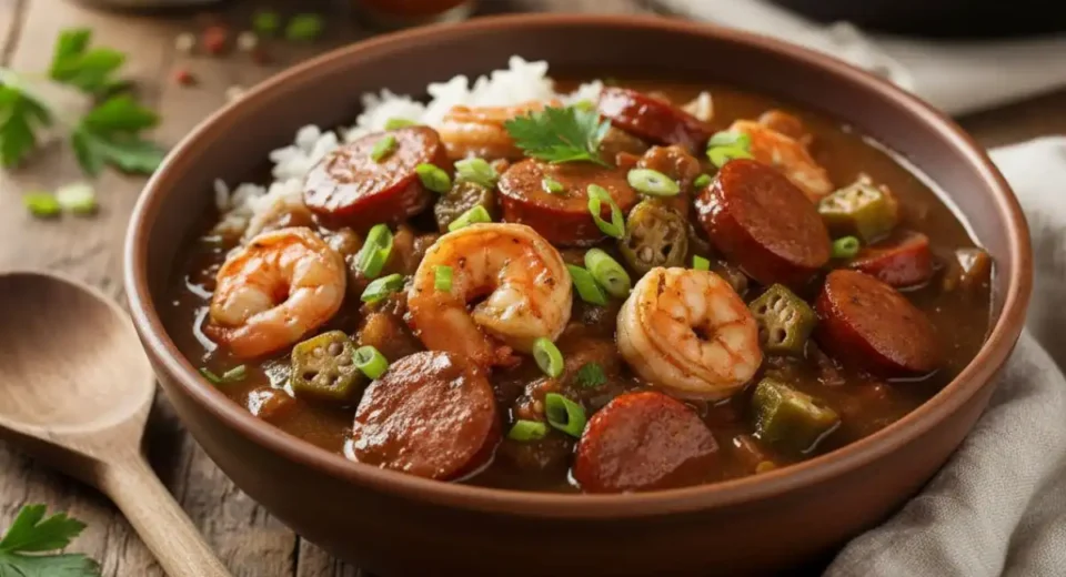 Easy duck gumbo with a dark roux, smoky sausage, and shrimp