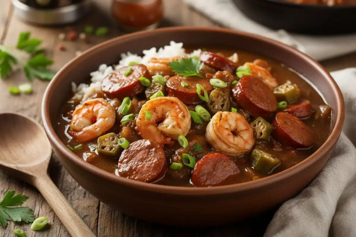Easy duck gumbo with a dark roux, smoky sausage, and shrimp