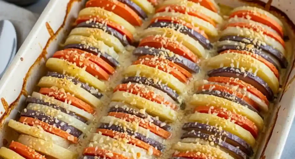 Potatoes parsnips celery root sweet potatoes cream cheese baked crusty.