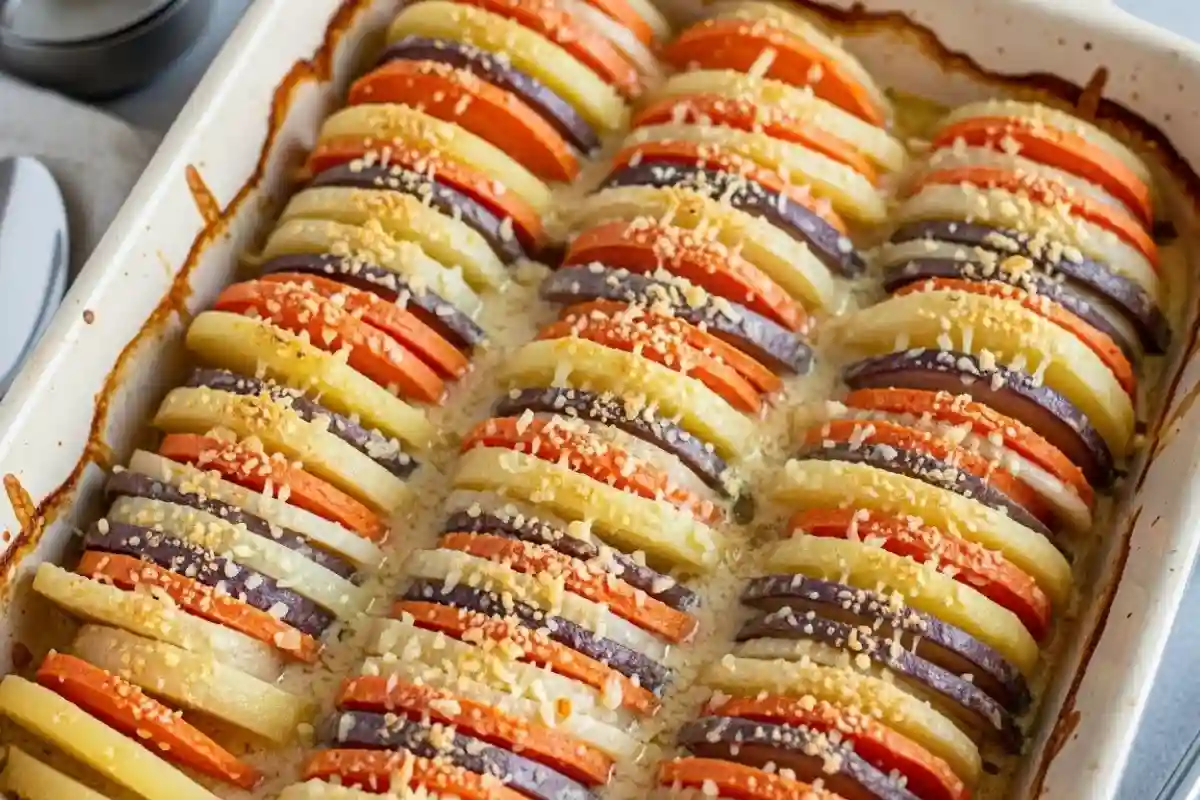 Potatoes parsnips celery root sweet potatoes cream cheese baked crusty.