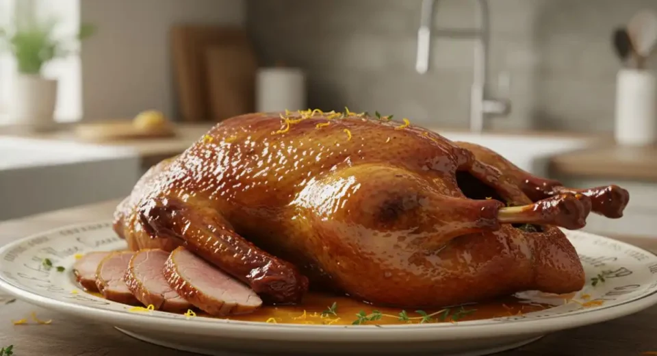 Whole roast duck, Chicago comfort style, with crackly skin, juicy meat.
