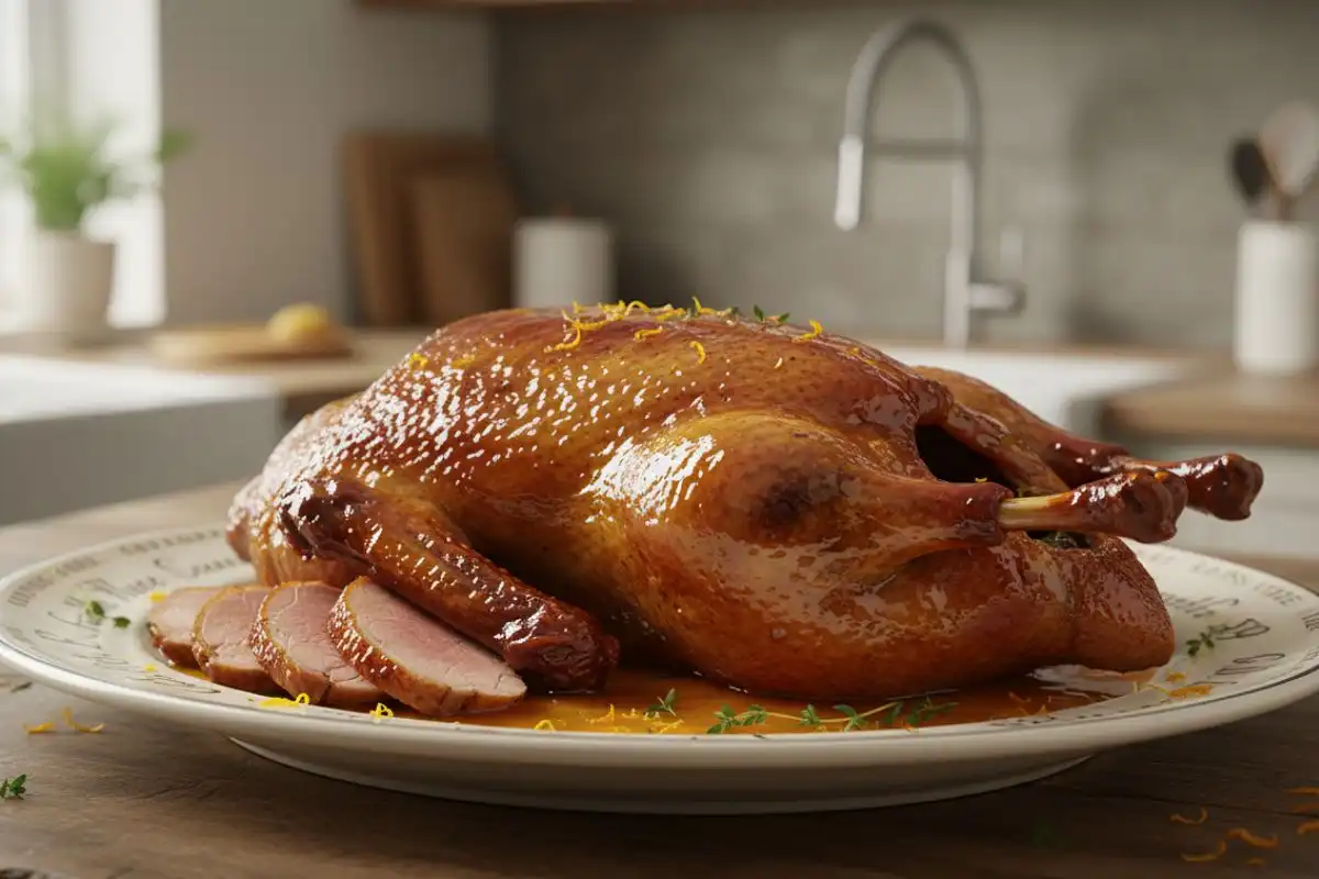 Whole roast duck, Chicago comfort style, with crackly skin, juicy meat.