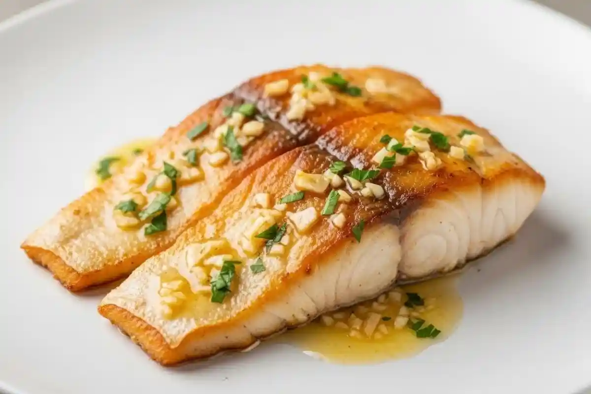 Tender Chilean sea bass cooked in a savory garlic butter sauce.