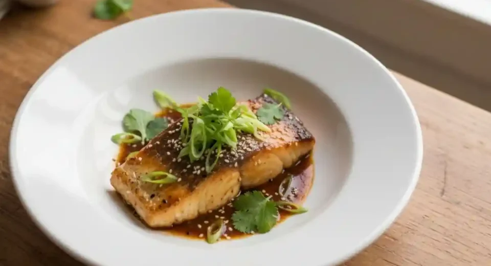 A savory Chinese-style roasted fish made with tender barramundi, marinated in soy sauce, ginger, and garlic, then roasted to crispy perfection.