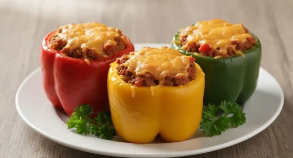 Bell peppers stuffed ground beef rice tomato cheesy bake.