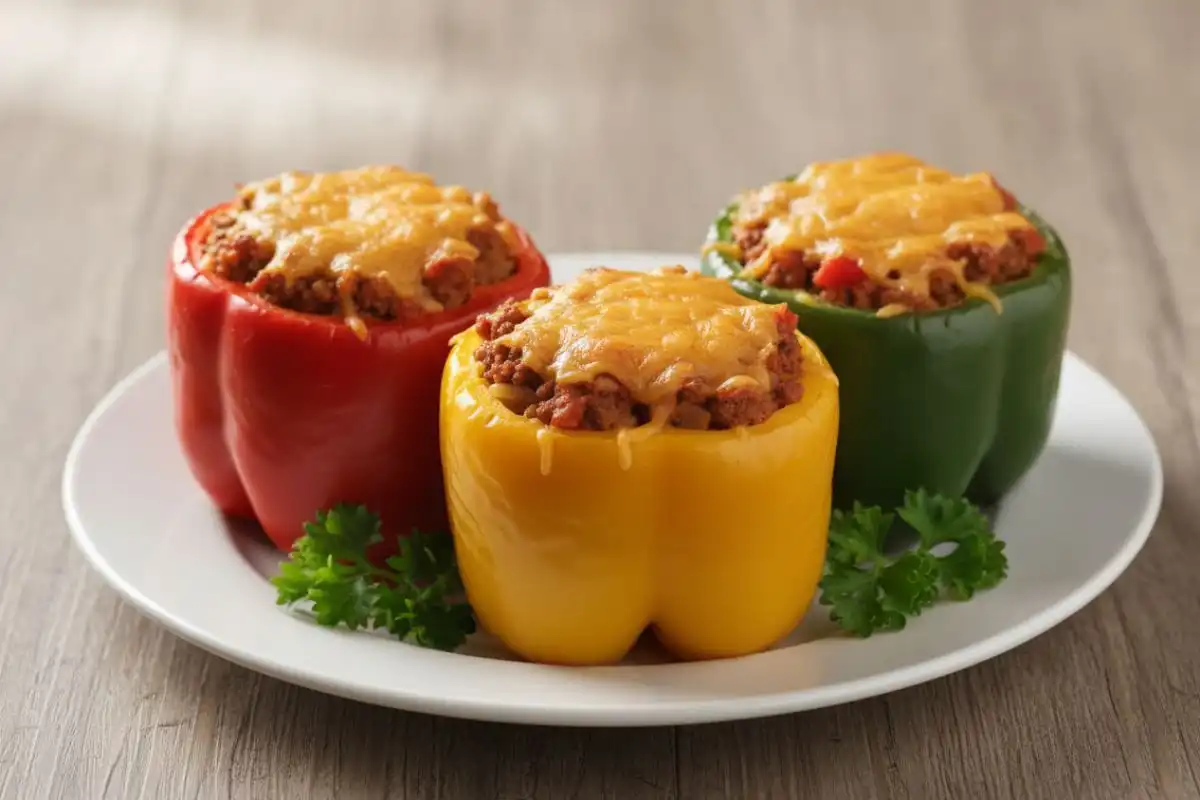 Bell peppers stuffed ground beef rice tomato cheesy bake.