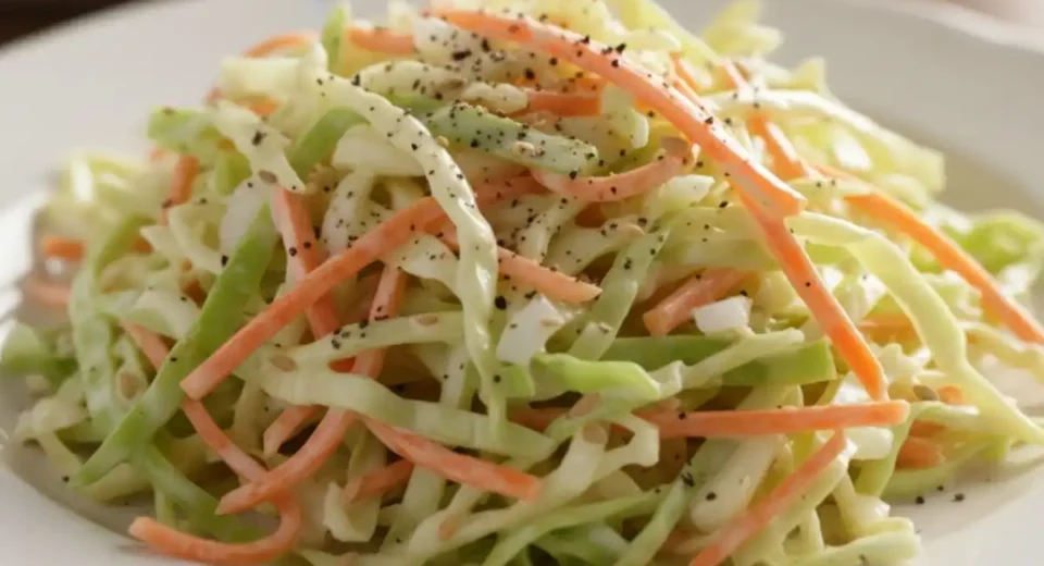 Shredded cabbage carrots creamy tangy dressing.