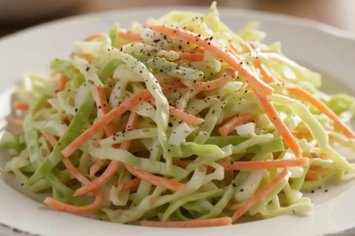 Shredded cabbage carrots creamy tangy dressing.