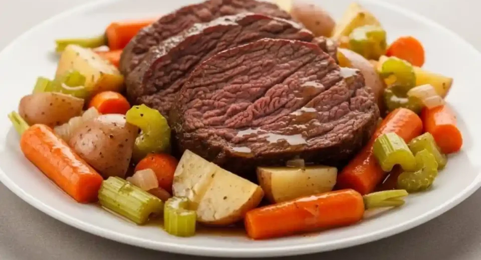 A tender, slow-cooked beef pot roast served with carrots, potatoes, and onions, simmered in savory broth to create a rich and flavorful meal