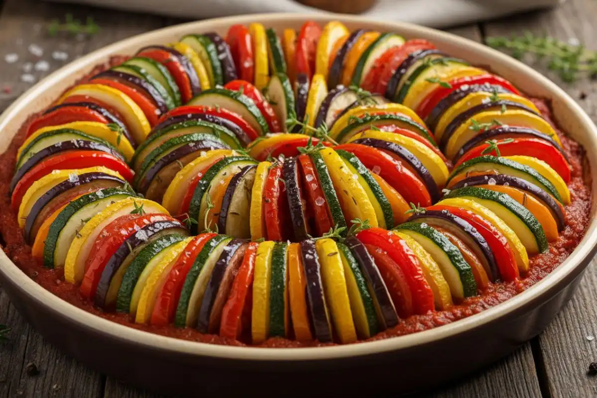 Layered eggplant zucchini tomato pepper herbed bake.