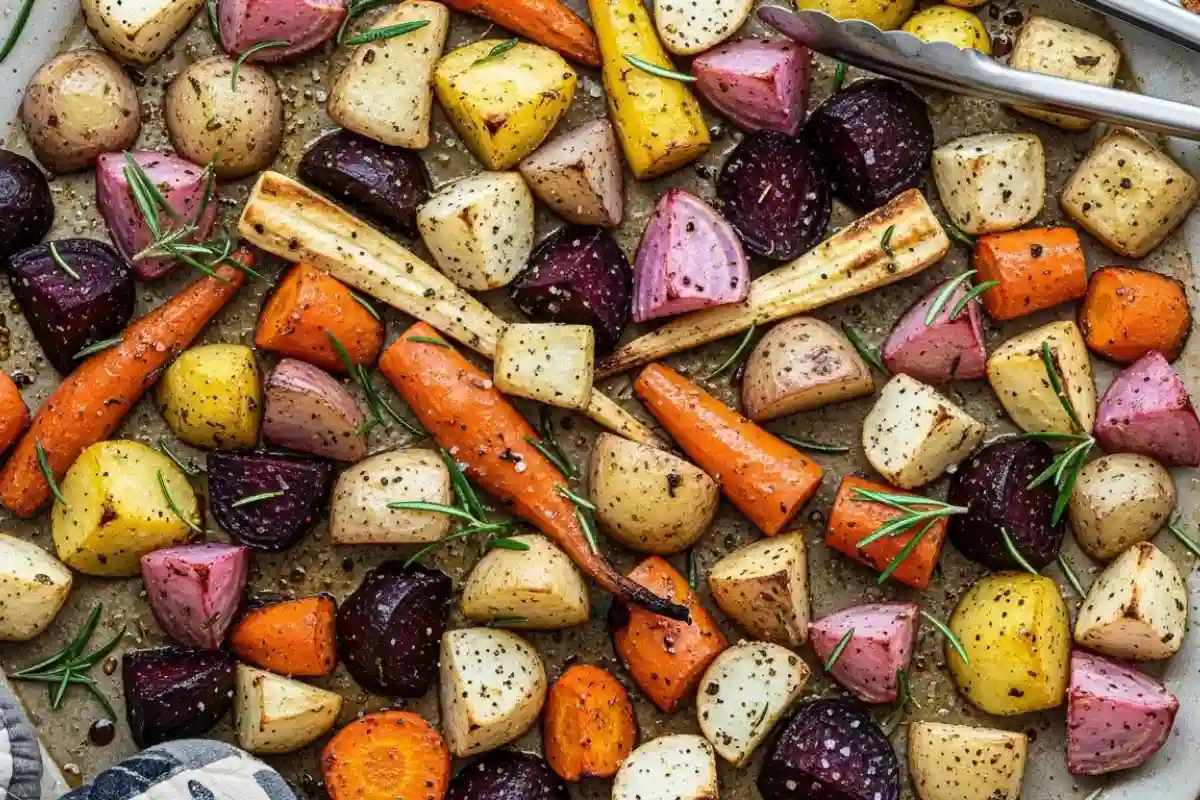 Carrots parsnips potatoes beets turnips rutabagas rosemary roasted crisp.