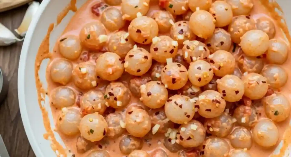 Pearl onions in creamy vodka tomato sauce.