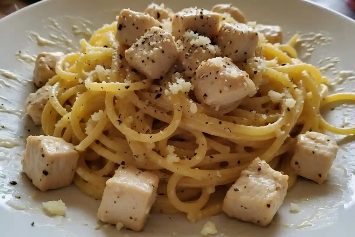 Chicken cubes in roasted garlic cream sauce over spaghetti.