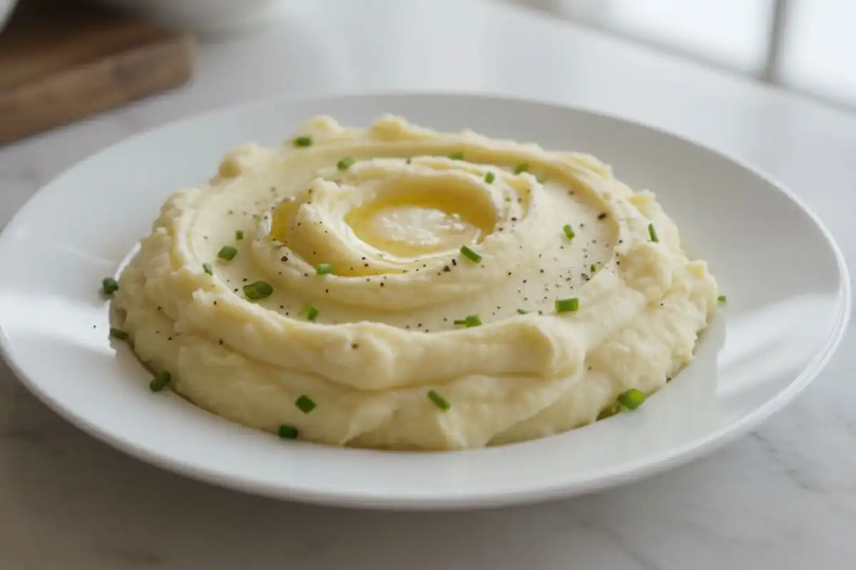 Boiled russets mashed butter milk smooth.