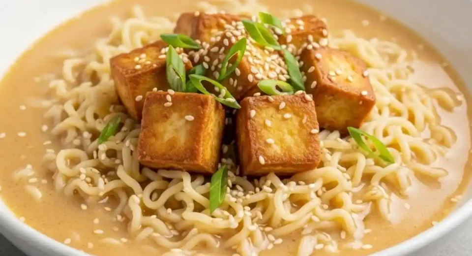 A savory and creamy ramen dish featuring tender noodles, flavorful broth, and crispy tofu.