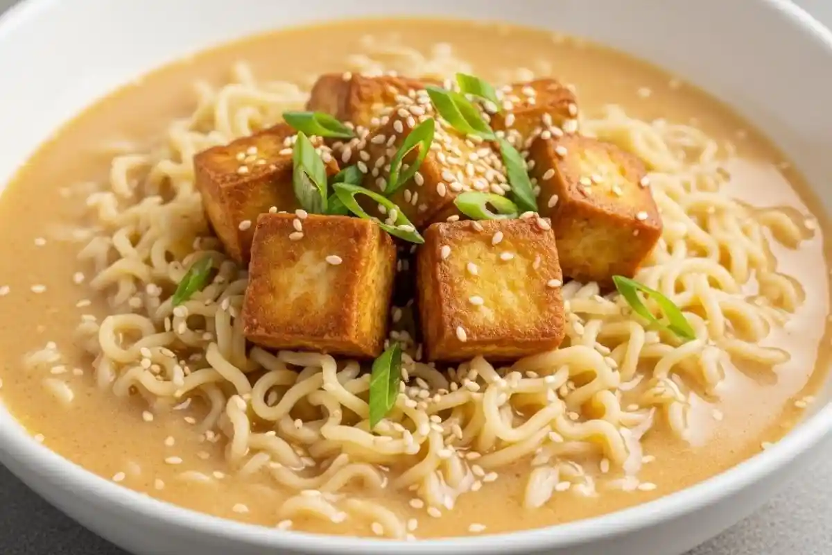 A savory and creamy ramen dish featuring tender noodles, flavorful broth, and crispy tofu.