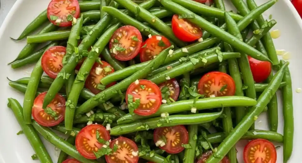 Blanched French beans with tomatoes garlic vinaigrette.
