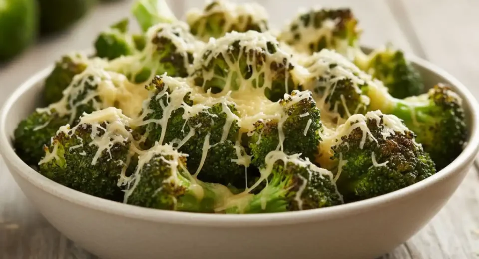 Charred broccoli florets garlicky parmesan crisp.