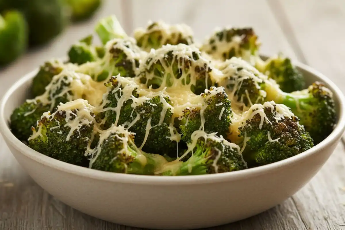 Charred broccoli florets garlicky parmesan crisp.
