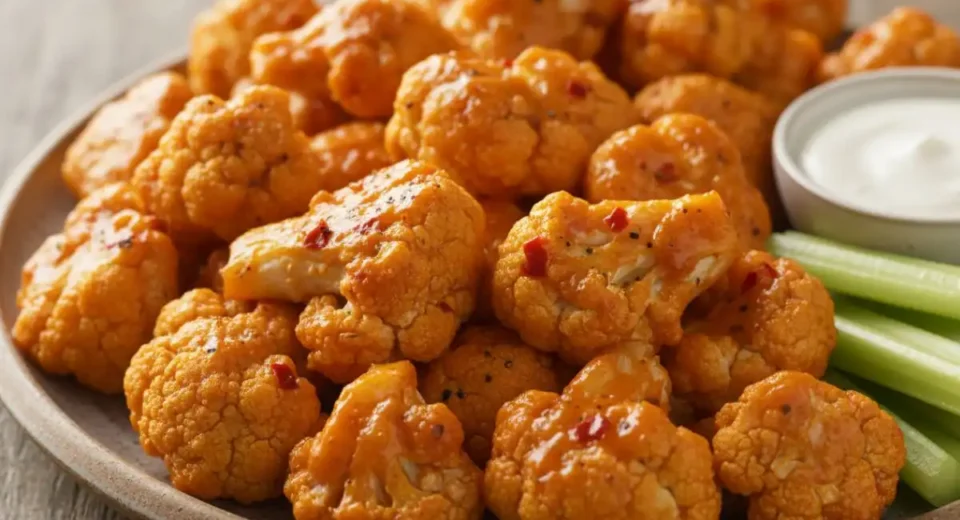 Battered roasted cauliflower tossed Frank's buffalo sauce.