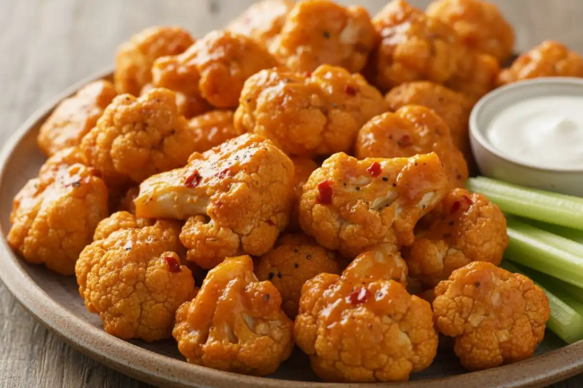 Battered roasted cauliflower tossed Frank's buffalo sauce.