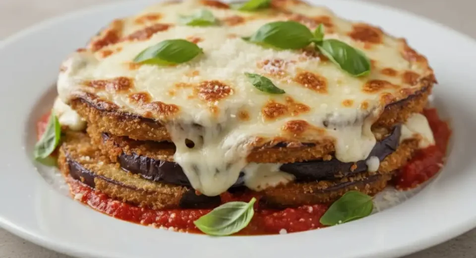 Breaded eggplant slices tomato sauce mozzarella baked bubbly.