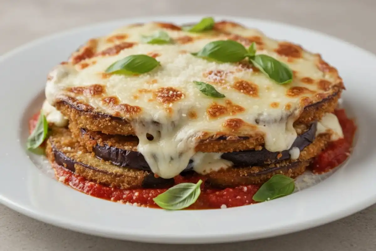 Breaded eggplant slices tomato sauce mozzarella baked bubbly.