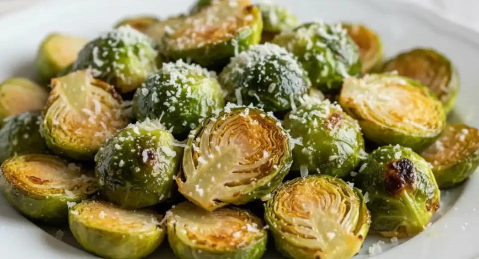 Roasted halved sprouts crispy garlicky with parm crust.