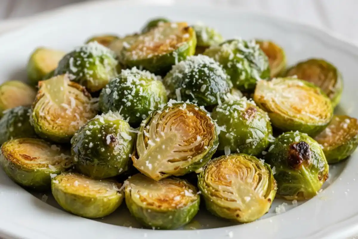Roasted halved sprouts crispy garlicky with parm crust.